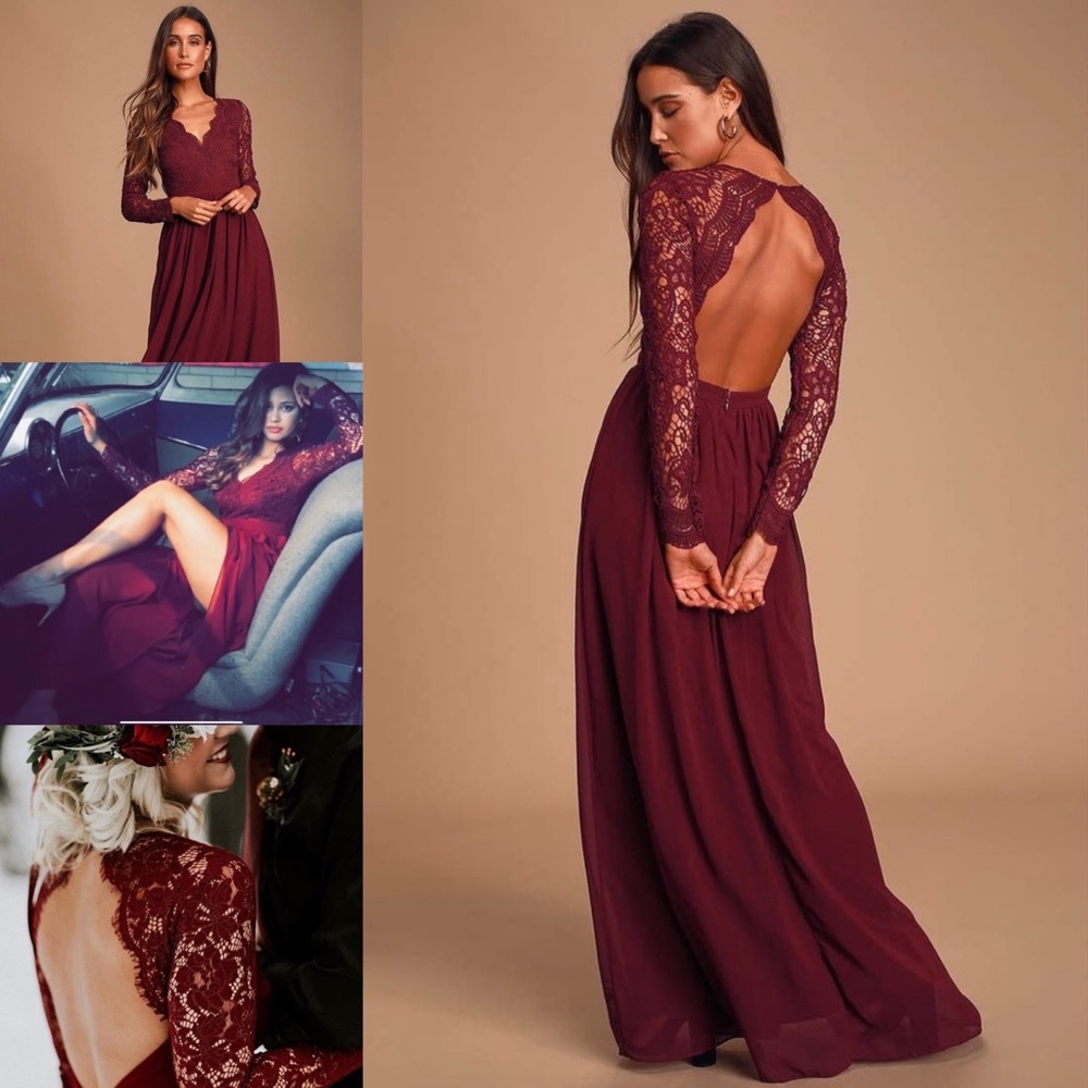 Awaken My Love Burgundy Long Sleeve Lace Maxi Dress Size Medium